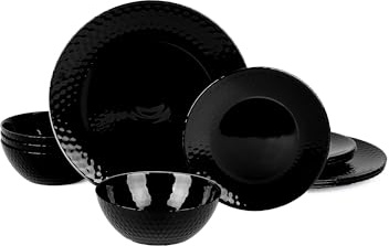 LaGlint Opal Glass Dinner Set 12 Piece for 4 Black Faceted Ribbed | Lightweight durable tableware, geometric textured finish, microwave & dishwasher safe, modern black design, everyday dining