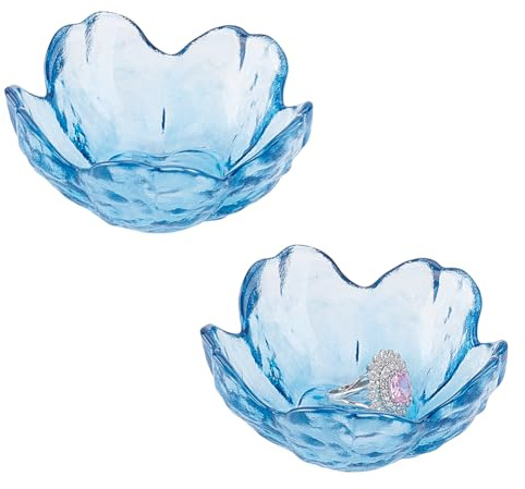 HOBBIESAY 2Pcs Glass Jewellery Dish Trinket Tray Blue Flower Ring Dish Holder 8.5x8.3cm Small Key Bowl Aesthetic Glass Trinket Tray for Rings Earrings Necklace and other Small Accessorie