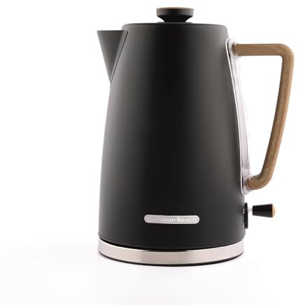 Hamilton Beach Electric Kettle, Scandi 1.7L, Boil Dry Protection, Auto Shut Off, Water Level Window, Stay Cool Handle, Ergonomic Grip, Matte Black with Wood Effect - HBK01MB