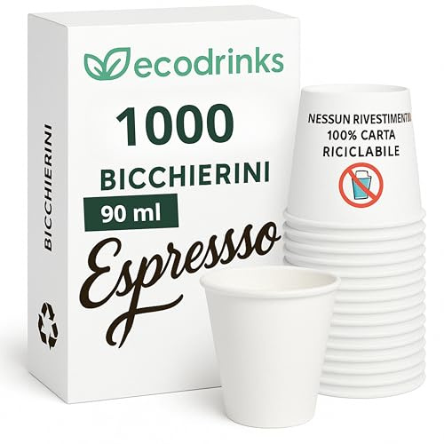 ecodrinks - 1000 Bicchieri Caffe Carta Da 90ml - Set Bicchierini Monouso per Bevande Calde/Fredde - Biodegradabili, Eco-friendly e Made in Italy, Bianco