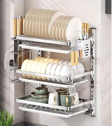 Escurreplatos de pared, con barra de 40 cm, con bandeja de goteo extraíble de acero inoxidable para colgar, plegable en portavasos, estantes