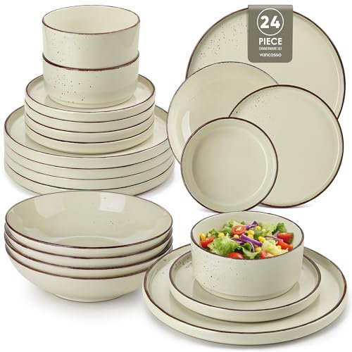 vancasso Navia Plates and Bowls Set, 24 Piece Vintage Stoneware Dinner Sets for 6 People, Chip Resistant Dinnerware Sets Crockery Set, Microwave & Dishwasher Safe Tableware, Speckled Cream