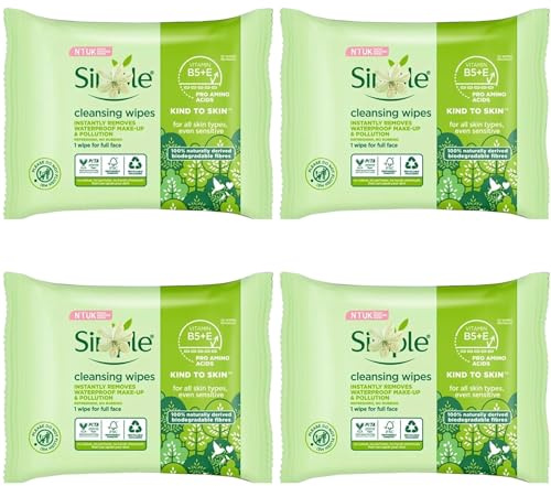 Simple Cleansing Wipes – Biodegradable Face Wipes with Vitamin B5 & E, Instantly Remove Waterproof Makeup & Pollution, Vegan, Hypoallergenic & Gentle on Skin (4Pack)