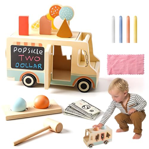 Eisdiele Kinder Holz, EIS Spielzeug Kaufladen Zubehör Eiscreme Einkaufsladen Eisladen Spielküche Zubehör für Rollenspiel Hammerspiel & Sortierspiele, Montessori Holzspielzeug Geschenk ab 3 Jahre
