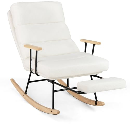 COSTWAY Relax Rocking Chair, 5-Level Adjustable Teddy Upholstered Rocker Accent Chair with Retractable Footrest, Rubber Wood Legs Nursing Seat Lounge Recliner Armchair for Nursery Living Room Bedroom