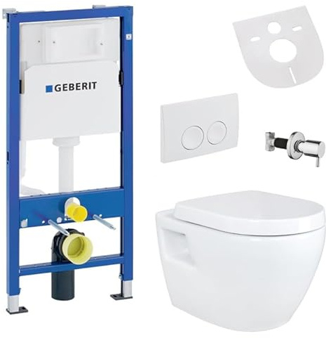 Belvit Set completo per WC sospeso con funzione bidet – WC da parete bianco con Taharet e Geberit UP100, valvola di intercettazione, ceramica senza bordi, coperchio WC con abbassamento automatico e