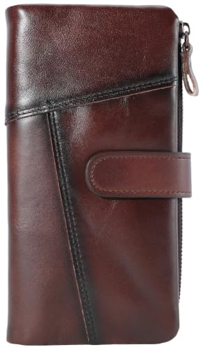 CALFOVERA Portafoglio Lungo Vintage in Vera Pelle per Uomo con Libretto degli Assegni Cerniera Blocco RFID Porta Carte Grande capacità Pochette in Pelle di Vacchetta Organizer per Donna Borsa da