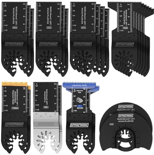 EffektWerk - Juego de 27 Hojas de Sierra para Multiherramienta - Accesorios Oscilantes para Madera, Plástico, Metal - Hojas de Corte Universales con Adaptadores y Bolsa de Almacenaje