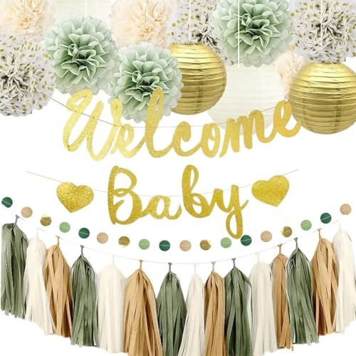 Didabotak Decorazioni per baby shower, banner per bambini di benvenuto verde salvia e oro, lanterne di carta, pompon fiori nappe, ghirlanda di stelle a pois cerchi, forniture per feste di compleanno