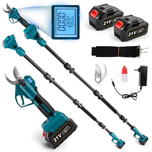 2-In-1 Akku Astschere Teleskop, 30mm Elektrische Gartenschere mit 2 * 2000mAh Batterien, Verlängerung 2.6m, Bürstenloser Motor, LCD Display, Ersatzklingen, für Garten, Äste und Obstbäume