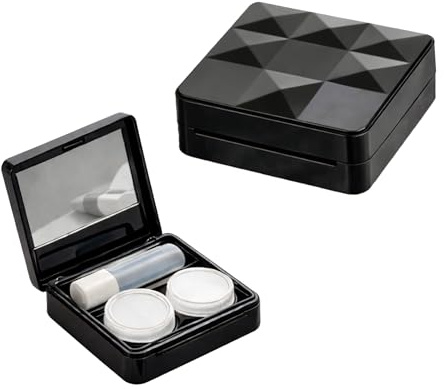 Contact Lens Travel Case, Black Faceted Box with Mirror, 2 Pots, 1 Bottle | Fitted Internal Tray, Hinged Lid, Compact Square Design, For Commuting, Gym Visits And Travel Luggage