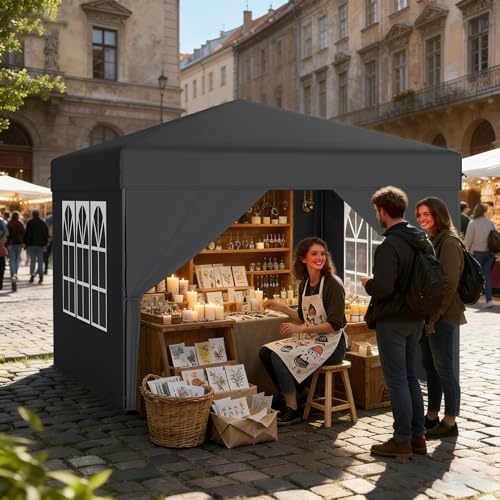 UISEBRT Pop Up Pavillon 2.5x2.5 Wasserdicht Stabil Winterfest Anti-UV,Faltpavillon mit 4 Seitenteilen,EIN-Tasten-Zentralverriegelung Partyzelt,3 Höhenverstellbar 240-260cm Faltbar Gartenzelt,Anthrazit