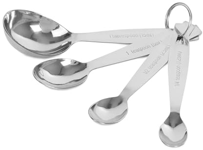 apollo THE HOUSEWARES BRAND Set of 4 Stainless Steel Measuring Spoons | with Ring, for Baking Liquids and Dry ingredients, General Multi Use for Kitchen, Space Saving Baking Tools, Silver