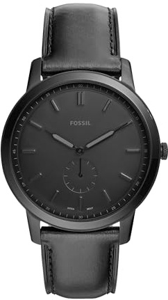 Fossil Men's Minimalist Quartz Stainless Steel and Black Leather Three-Hand Watch for Men, Color: Black