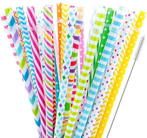 JANYUN 40 Pieces Reusable Straws BPA-Free 9 Colorful Printing Hard Platic Stripe Drinking Straw for Mason Jar Tumbler Family or Party Use Cleaning Brush Included Random Style (Casual Style)