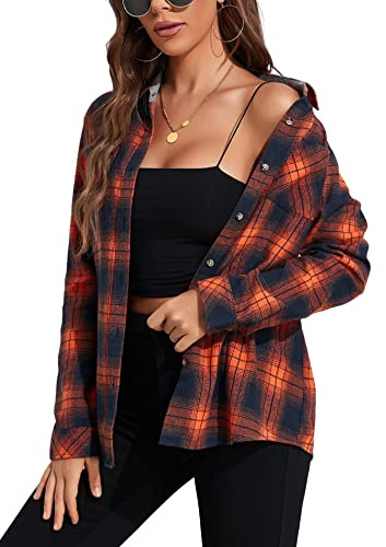 KevaMolly Plaid Flannel Shirts for Women Loose Fit Boyfriend Button Down Shirt Long Sleeve Casual Flannel Blouse Tops, Orange Navy, L