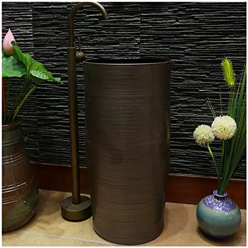 ZTGL Lavabo Pedestal Redondo de Cerámica, Apartamento Pequeño Lavabo con Pedestal, Hecho A Mano Lavabo de Pie, 40x82cm Lavabo con Columna para Interior Y Exterior,Marrón,A + Faucet Set