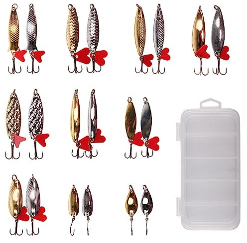 Un fascio di 20 esche da pesca con paillettes a forma di foglia di salice rotante esche finte, vivaci tonalità di oro e argento classico, consegnate in una comoda scatola da pesca