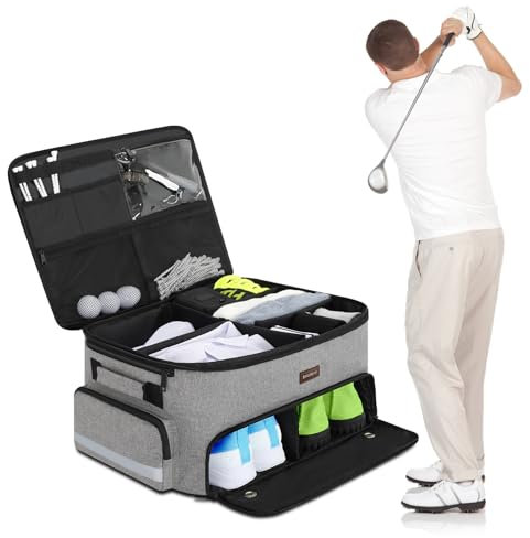 CYUREAY Golf Trunk Organizer for Car, 2 Layer Golf Trunk Organizer with Separate Ventilated Shoe Compartment, Black Golf Car Organizer for Golf Accessories, Golf Gifts for Men Women