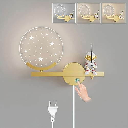 KZT LED Kinder Wandleuchte mit Touch Schalter Dimmbar Kinderzimmer Wandlampe Schlafzimmer Nachttischlampe mit Kabel Stecker Junge Mädchen Raumlampe Astronaut Nachtlicht Innen Wandbeleuchtung, 8W