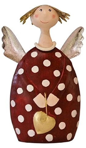 ETC dekorativer Engel Lotta in weinrot mit goldenem Herzchen und silbernen Flügeln Metall handbemalt ca. 17 cm hoch