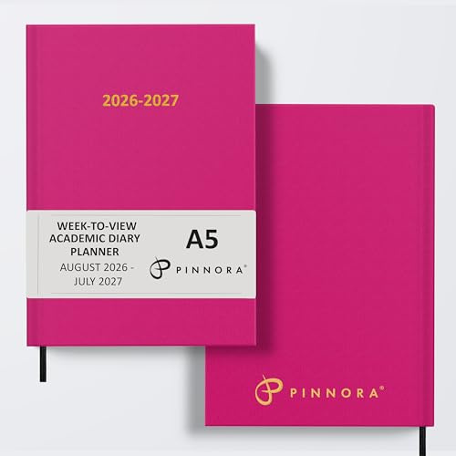 Pinnora A5 Deep Pink Academic Diary 2026-2027 Week to View, Hard Cover, August - July Dated Academic Planner, Ideal Student & Teacher Planner 2026-27, University, Revision, Study, To-Do Lists
