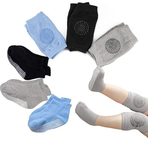 Ailelan Baby Knieschoner zum Krabbeln, 3 Paar Anti Rutsch Krabbelsocken Und 3 Paar Knieschoner Baby Krabbeln Mädchen Junge mit Anti-Rutsch-Noppen für 0-24 Monate