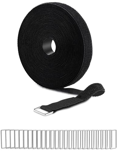 2.5CM×5M Hook and Loop Straps with 25 Metal Buckles Reusable Cable Ties, Cut-to-Length Cinch Strap Adjustable Nylon Fastening Cable Tie for Wire Management, Cord Organiser, Black