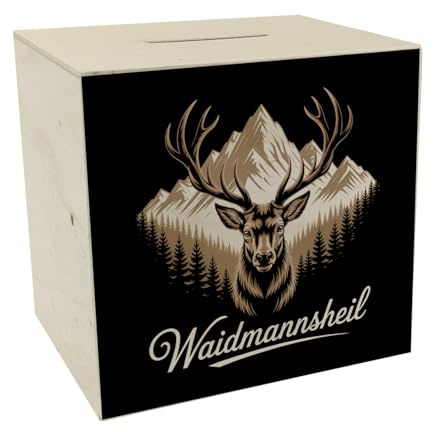 Hirsch vor Bergkulisse Waidmannsheil Spardose aus Holz für Jäger Lustiges Hirschdekor Jagdgeschenk ideal für Naturfreunde Jägergruß