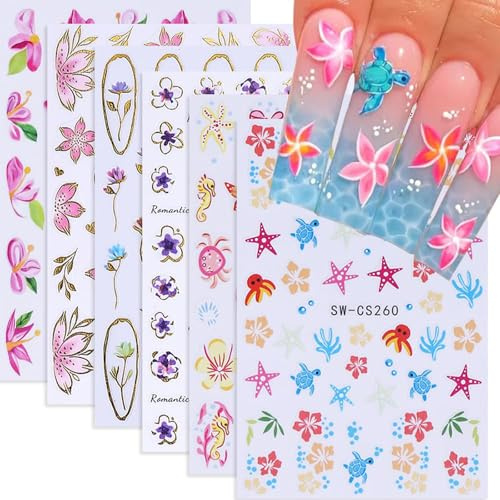 CharmBurst - Pegatinas para uñas (6 unidades, diseño de flores de verano, 3D, con hipocampos y hibiscos, accesorios de pegatinas de uñas