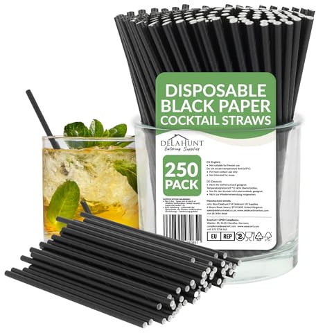 5.7-Inch (14.5cm) Black Paper Cocktail Straws [250 Pack] - Disposable Compostable Eco-Friendly Drinking Straws for Cocktails, Short Drinks, Party & Bar Service | 3-Ply FSC-Certified, PFAS & BPA-Free