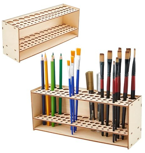 Wooden Paint Brush Holder, 67 Hole Wall-Mounted Paint Rack, 5 Different Sizes of Holes Craft & Hobby Brush Organizer, Perfect for Brushes, Sketch Pens, Model Making, Makeup Brushes
