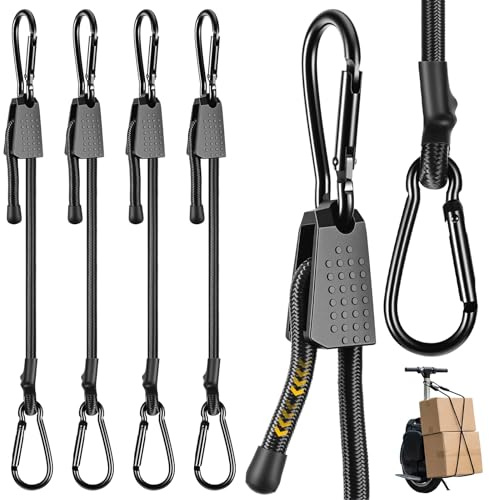 Hejo 4 Pièces Tendeurs Elastique avec Crochets Réglables, 100cm Sandow Elastique Haute Résistance Durable avec Mousqueton, Tendeur en Gomme Latex Noir pour Camping, Bâches, Tentes, Voiture et Moto