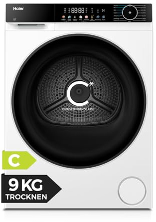 Haier Wärmepumpentrockner 9kg G5 Serie HD90-C657U1 | Klasse C, AI Power Inverter Motor, Automatik- & Hygiene-Programm, XL Schontrommel, Wi-Fi & hOn App