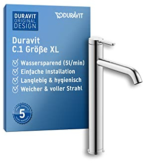 Duravit C.1 Waschtischarmatur, Größe XL (Auslauf Höhe 233 mm), Wasserhahn Bad, Waschbecken Armatur mit Keramikkartusche, Chrom