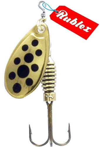 Rublex - Pack de 5 Cucharillas de Pesca Celta-3 OPN | Cebo Artificial de Pesca con Sistema Quita-Vueltas y Anzuelo Fácilmente Intercambiable, Color OPN Oro Puntos Negros, 5gr