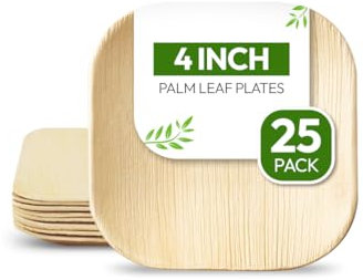FOOGO Green 25pcs Disposable Mini Palm Leaf Plates, XSmall 4(10cm) Square, for Sauces and Ketchup Pots, Eco Friendly, Bio Compostable, Like Dip Bowls Wooden Plates, Party Wedding