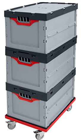 Auer Faltbox FBD 64/32 mit Deckel 60x40x32cm inkl. Rollwagen, 3er Set | Stabile Lagerbox Transportbox Kommissionierbox Kunststoffbox 67L mit Klappdeckel zum Schutz vor Schmutz und Schäden