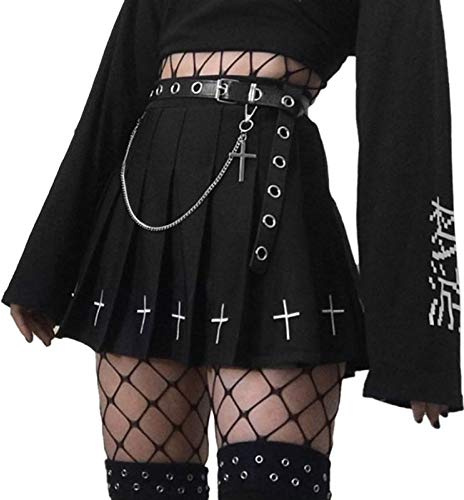 Y2k Mini jupe Harajuku gothique punk avec ceinture poche avant A-Line gothique plissée Taille haute - Noir - 40