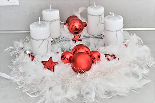 Adventskranz weiß rot 40 cm künstlich Weihnachten Adventsgesteck Deko Feder