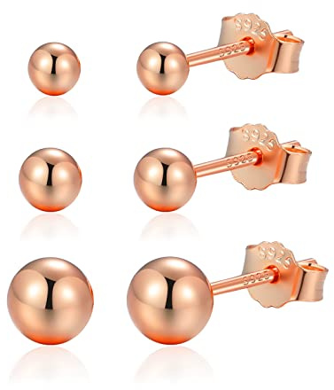 Candyfancy Ohrringe Silber 925 Set für Mehrere Ohrlöcher, 3 Paar Runde Kugel Mini Ohrstecker Rosegold Vergoldet für Damen Herren Mädchen Klein Stecker Ohrringe 3mm/4mm/5mm 3er Ohrringe Set