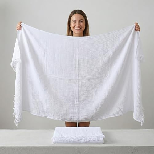 PÜSKÜL - Premium 2-Piece Oversized Muslin Bath Towel for Adult 35x70 Extra Large Bath Sheets | Natural 100% Turkish Cotton Soft Absorbent Quick-Dry Lightweight Spa & Beach Towels (Pack of 2, White)
