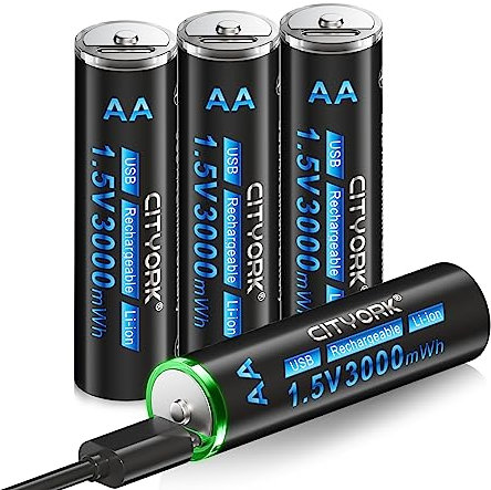 CITYORK Confezione da 4 Batterie Ricaricabili AA 1,5 V 3000 mWh al Litio USB Con Cavo di Ricarica Tipo C