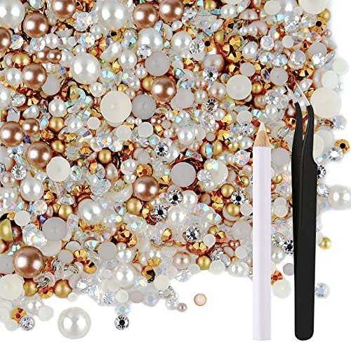 ASTARON 50g Mezcla de diamantes de imitación con reverso plano Medias perlas para manualidades Tamaño mixto 3 mm-10 mm, Perlas con reverso plano para vasos de bricolaje TazasChampagne Gold Series