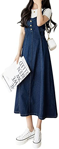 CHARTOU Women's Elegant Straps Back Smocked A-Line Long Skirt Denim Overall Pinafore Dress (Small, Blue)