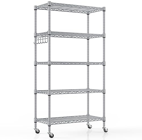 Himimi Scaffale Metallico di Stoccaggio a 5 Ripiani con Ruote, Scaffale da Cucina in Filo Pesante con Gancio, Ripiani Regolabili in Altezza per Bagno Cucina Garage (76Dx35Wx158H)-Argento