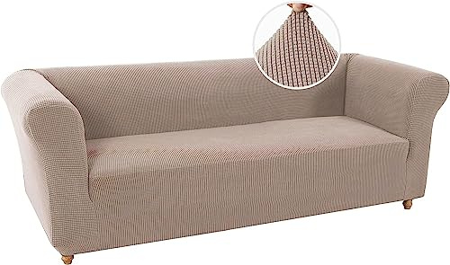 LINGKY Stretch Chesterfield Sofabezug 3 Sitzer Sofahusse mit Armlehne Spandex Jacquard Sofa Überwürfe rutschfest Sofa Überzug Waschbare Sofabezug für Haustiere (Sand,3 Sitzer)