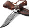 Couteau de Chasse en Damas Forge à la Main, Style Japonais - Lame Fixe avec Poignée en Bois et Étui en Cuir
