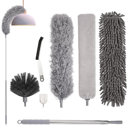 7 Stück Staubwedel Teleskop, Staubwedel Lang Ausziehbar Bis 213cm Spinnenwebenentferner Waschbar Mikrofaser Staubwischer mit Haken für Decke Lücken Spinnweben