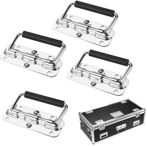 HIKPACKER 4 Pièce Poignée De Boîte, Poignées De Caisse Pliantes, Avec Poignée En Caoutchouc, Le Diamètre Du Trou Est De 6 Mm, Tirettes à Ressort Pour Boîtes à Outils Ou Boîtes De Rangement(110mm)